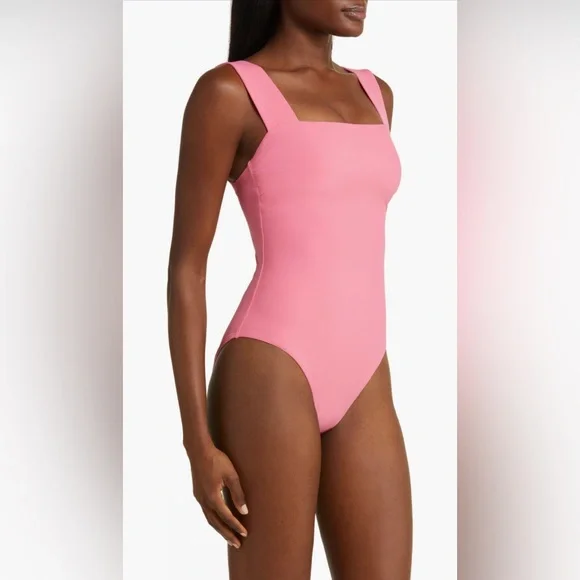 BONDI BORN Gwen Square Neck One-Piece Swimsuit, Rose Color, Size Large,$295